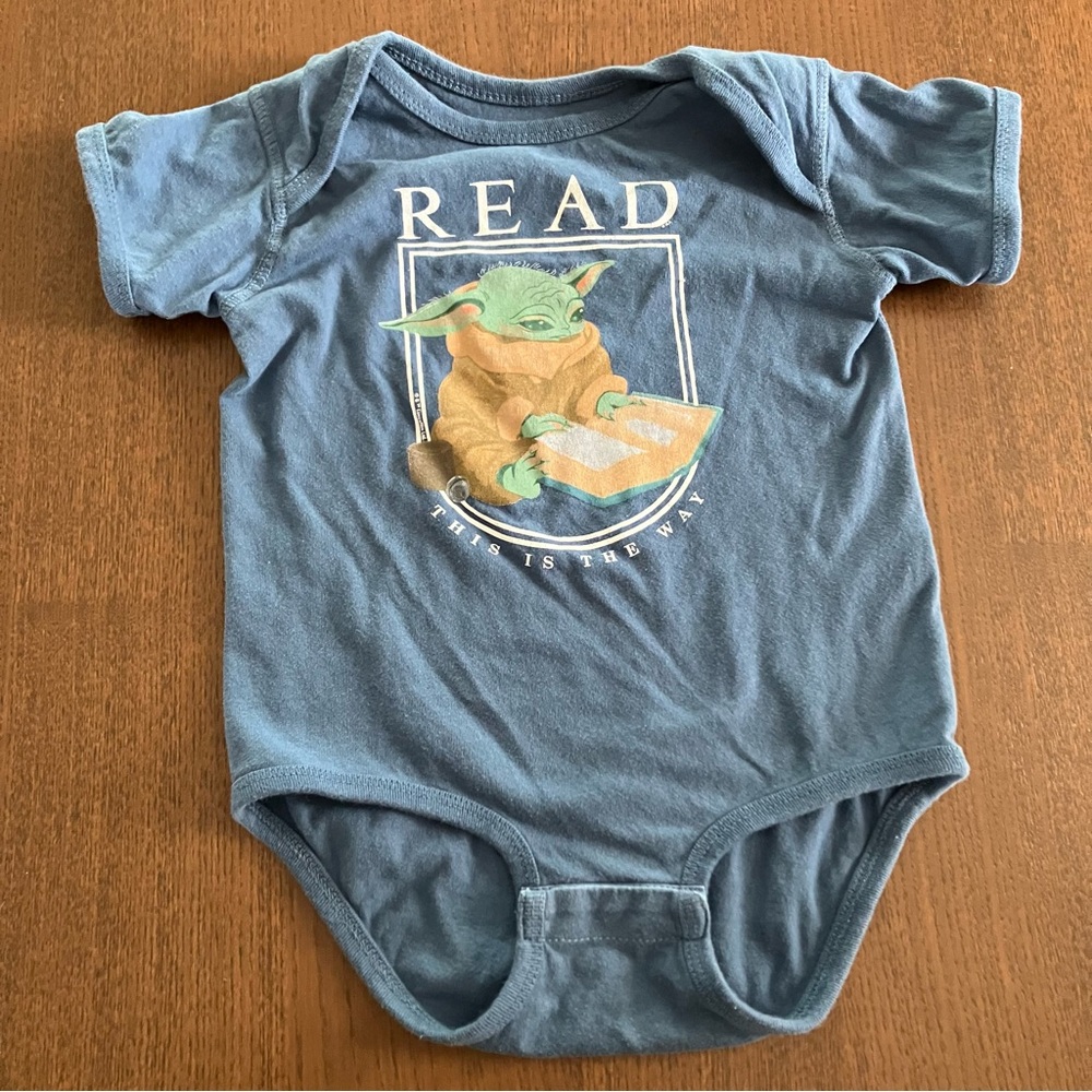 Out of Print Blue Baby Yoda Grogu Onesie READ Library Books Star Wars